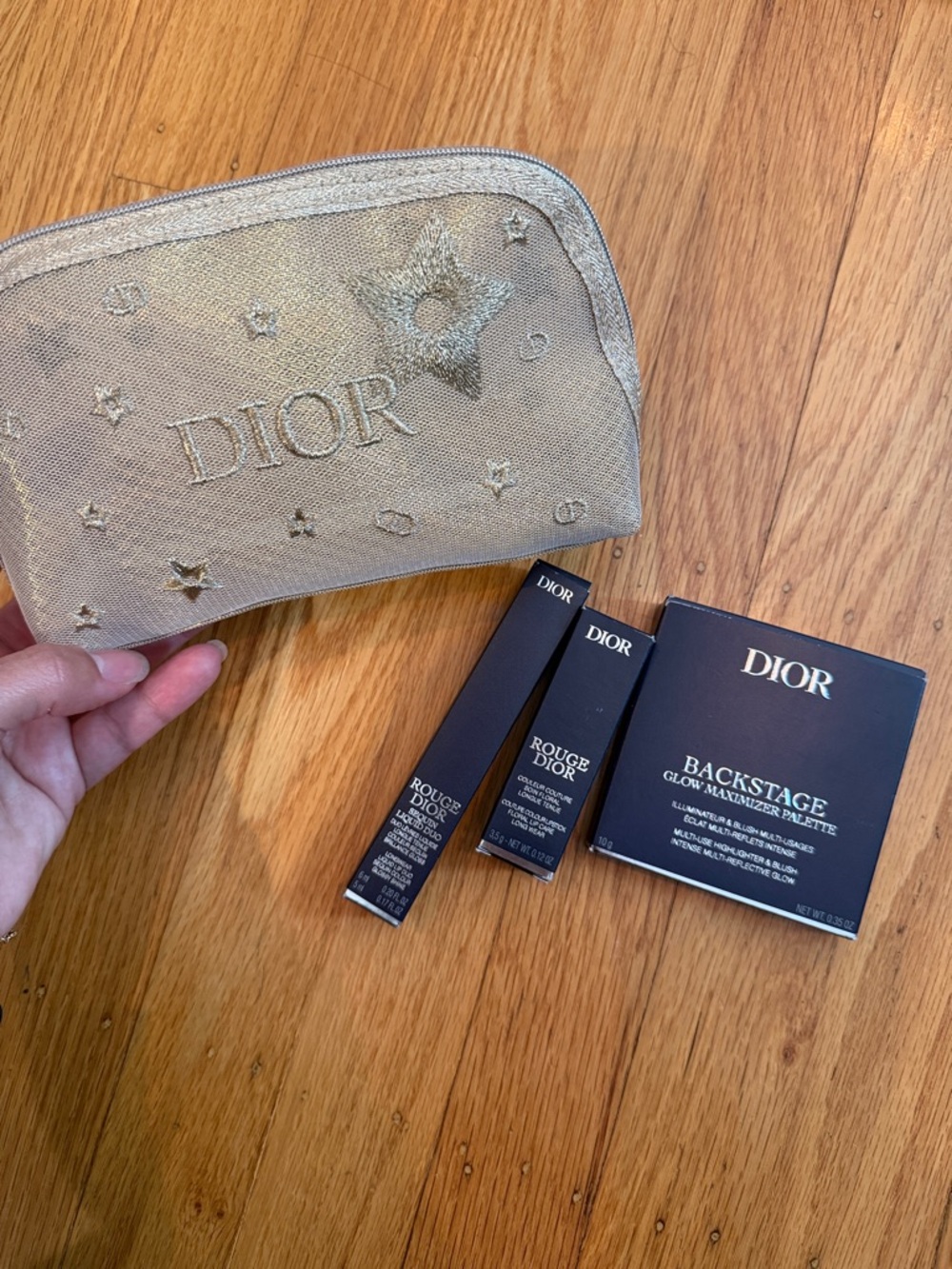 Dior Gold Metallic Embroidered Cosmetic Pouch with Makeup Essentials